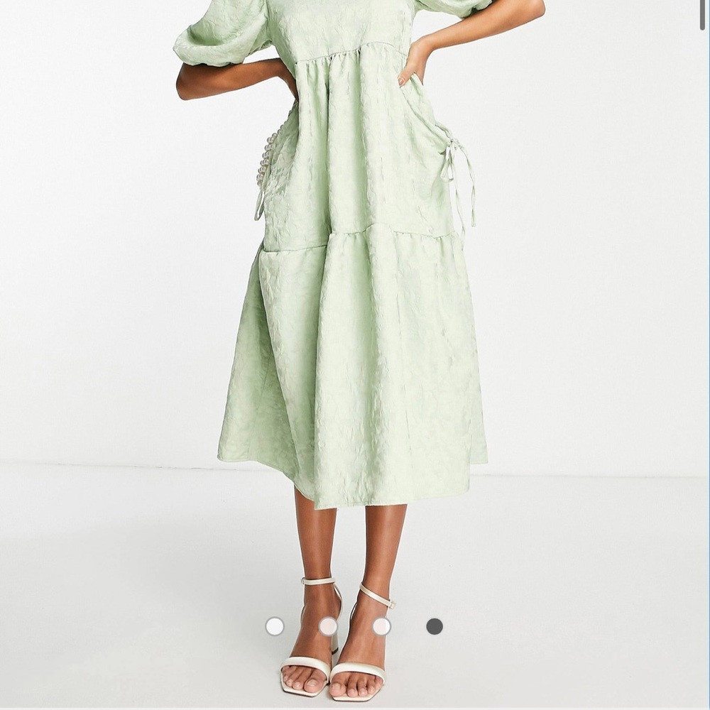 ASOS DESIGN Jacquard Tiered Midi Dress Sage Green - Picture 3 of 4